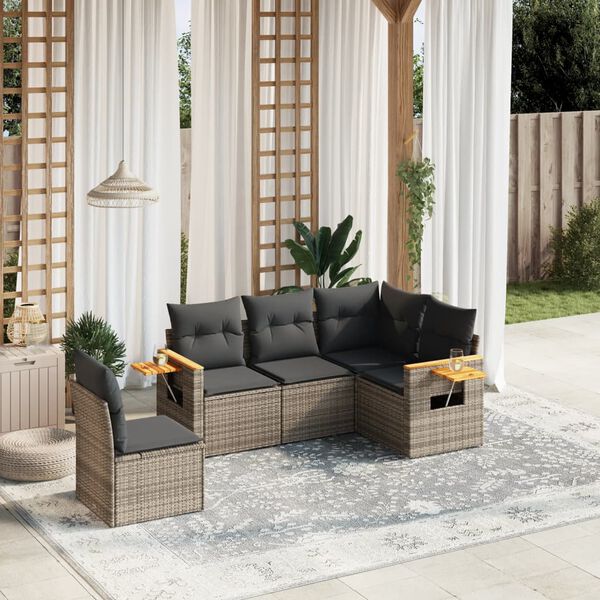 vidaXL 5 Piece Garden Sofa Set with Cushions Grey Poly Rattan