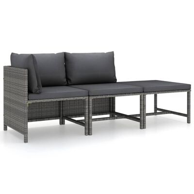 vidaXL 3 Piece Garden Lounge Set with Cushions Poly Rattan Grey