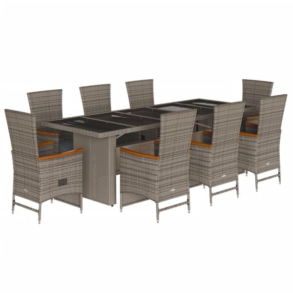 vidaXL 9 Piece Garden Dining Set with Cushions Grey Poly Rattan