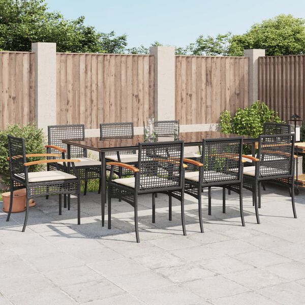 vidaXL 9 Piece Garden Dining Set with Cushions Black Poly Rattan