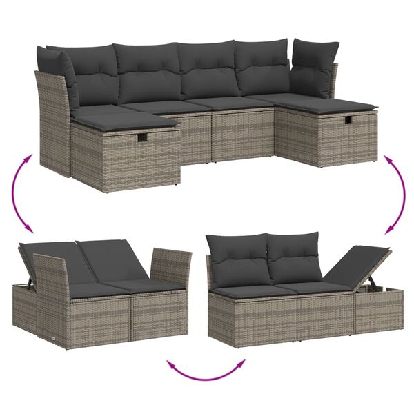 vidaXL 6 Piece Garden Sofa Set with Cushions Grey Poly Rattan