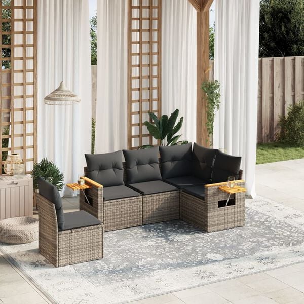 vidaXL 5 Piece Garden Sofa Set with Cushions Grey Poly Rattan