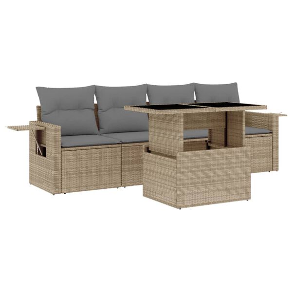 vidaXL 5 Piece Garden Sofa Set with Cushions Beige Poly Rattan