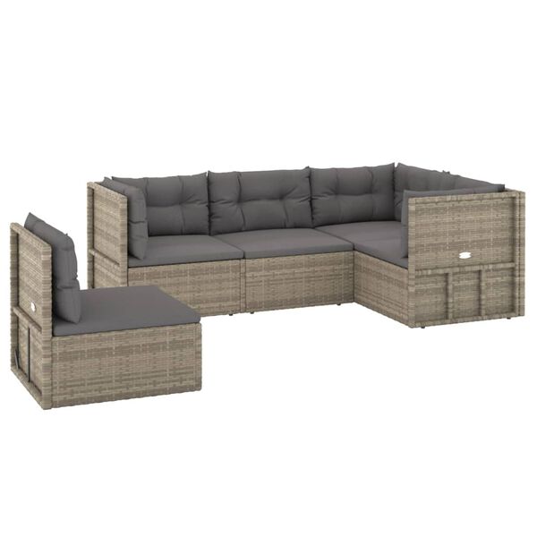vidaXL 5 Piece Garden Lounge Set with Cushions Grey Poly Rattan