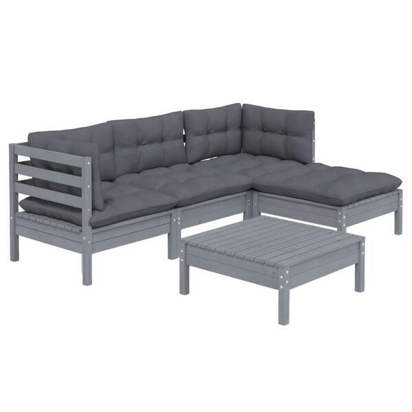 vidaXL 5 Piece Garden Lounge Set with Cushions Grey Pinewood