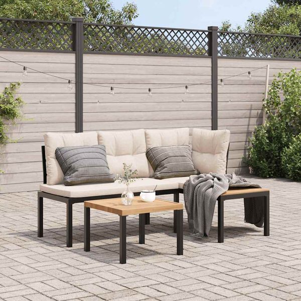 vidaXL Garden Bench Set with Cushions 3 pcs Black Powder-coated Steel