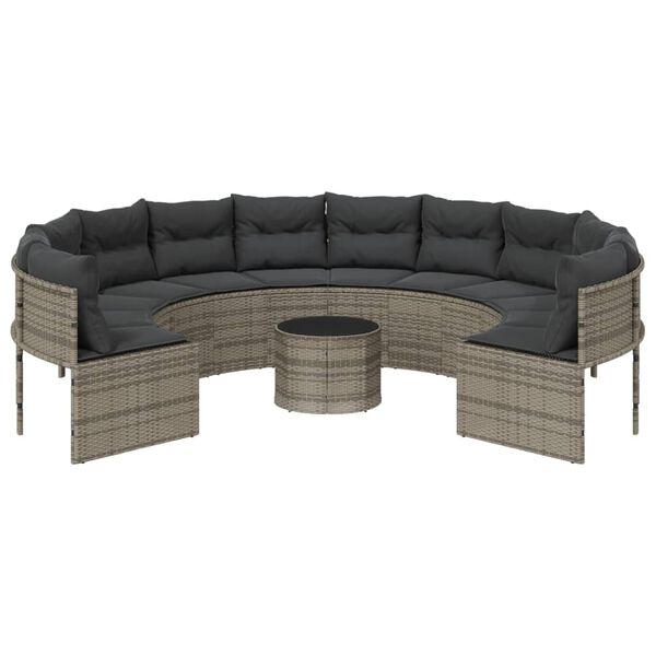vidaXL Garden Sofa with Table and Cushions Round Grey Poly Rattan