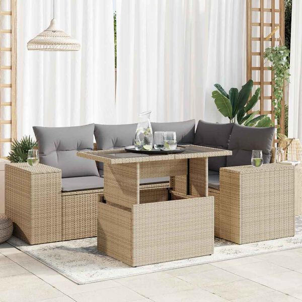 vidaXL 5 Piece Garden Sofa Set with Cushions Beige Poly Rattan