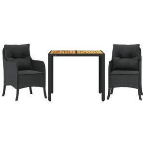 vidaXL 3 Piece Garden Dining Set with Cushions Black Poly Rattan