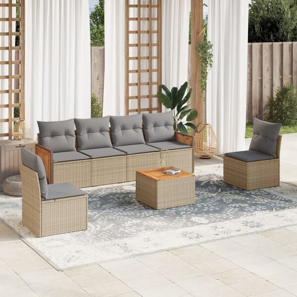 vidaXL 7 Piece Garden Sofa Set with Cushions Beige Poly Rattan