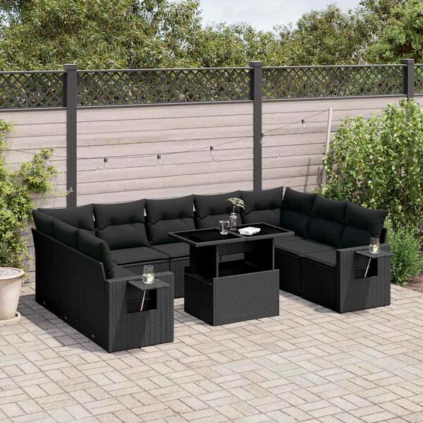 vidaXL 10 Piece Garden Sofa Set with Cushions Black Poly Rattan