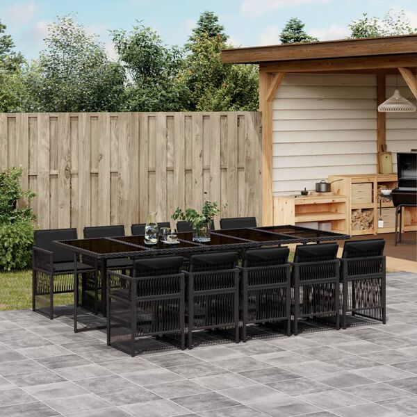 vidaXL 11 Piece Garden Dining Set with Cushions Black Poly Rattan