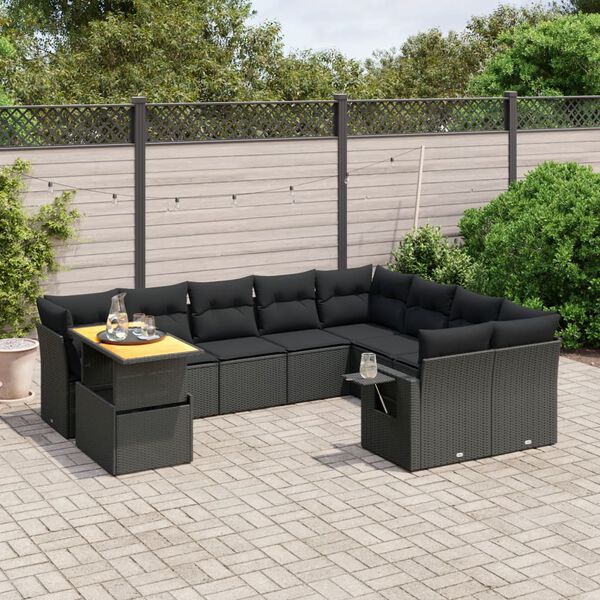 vidaXL 10 Piece Garden Sofa Set with Cushions Black Poly Rattan