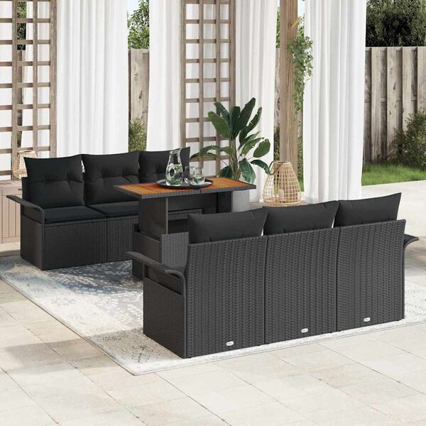 vidaXL Garden Sofa Set with Storage 7 pcs Black Poly rattan