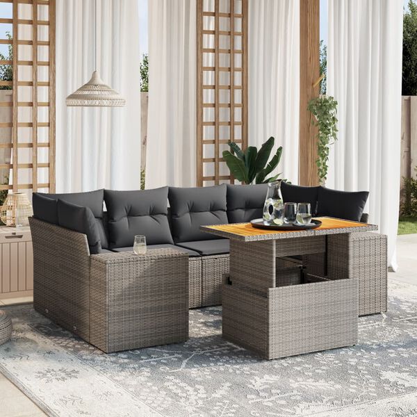 vidaXL 7 Piece Garden Sofa Set with Cushions Grey Poly Rattan