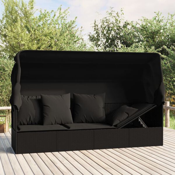 vidaXL Outdoor Lounge Bed with Roof and Cushions Black Poly Rattan