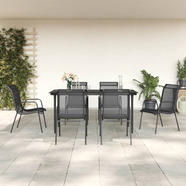 vidaXL 7 Piece Garden Dining Set Black Steel and Textilene