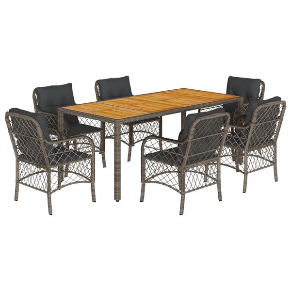 vidaXL 7 Piece Garden Dining Set with Cushions Grey Poly Rattan