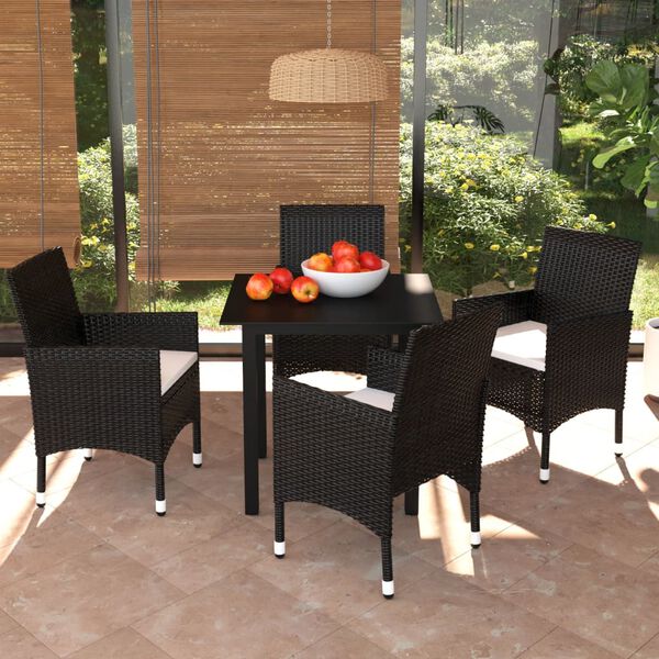vidaXL 5 Piece Garden Dining Set with Cushions Poly Rattan Black