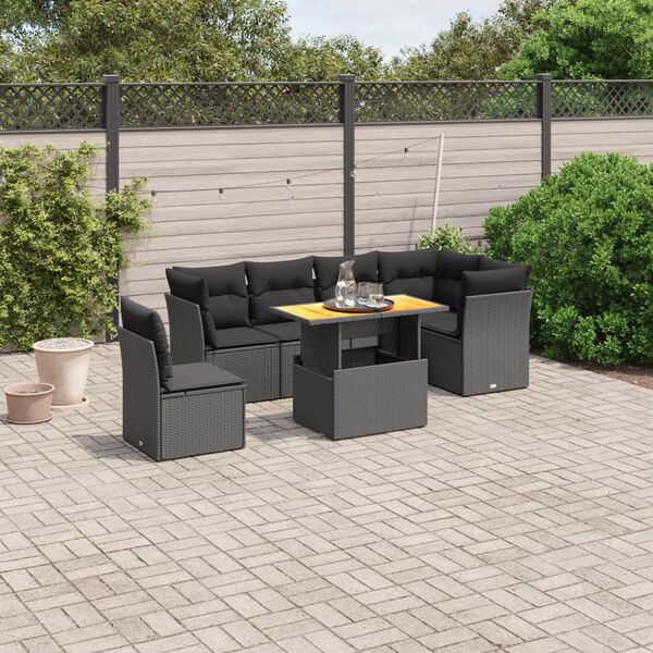 vidaXL 7 Piece Garden Sofa Set with Cushions Black Poly Rattan