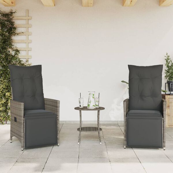 vidaXL 3 Piece Bistro Set with Cushions Grey Poly Rattan