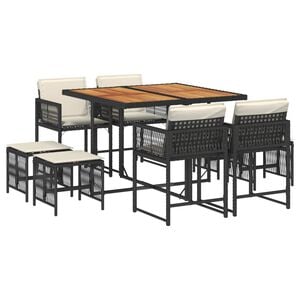 vidaXL 9 Piece Garden Dining Set with Cushions Black Poly Rattan