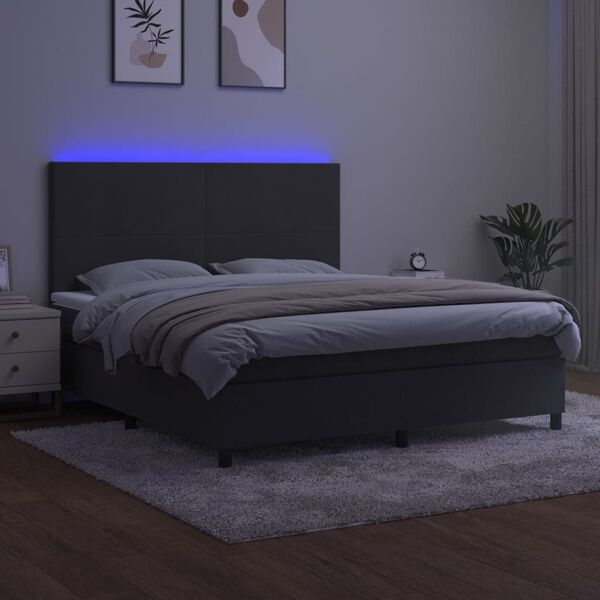 vidaXL Box Spring Bed with Mattress&LED Dark Grey 153x203 cm Queen Size Velvet
