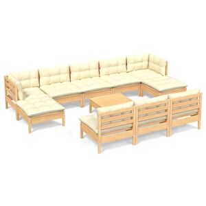 vidaXL 11 Piece Garden Lounge Set with Cream Cushions Pinewood