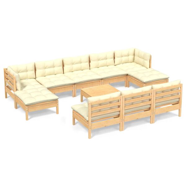 vidaXL 11 Piece Garden Lounge Set with Cream Cushions Pinewood