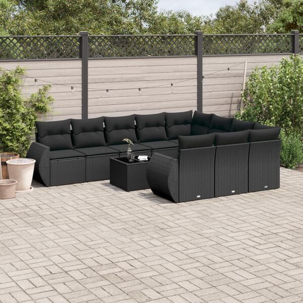 vidaXL 11 Piece Garden Sofa Set with Cushions Black Poly Rattan