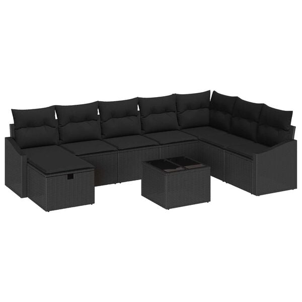 vidaXL Garden Sofa Set with Cushion 9 pcs Black Poly rattan