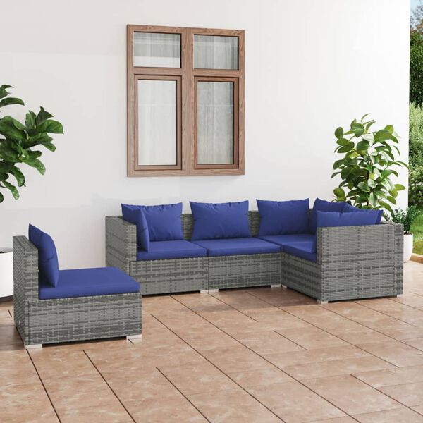 vidaXL 5 Piece Garden Lounge Set with Cushions Poly Rattan Grey
