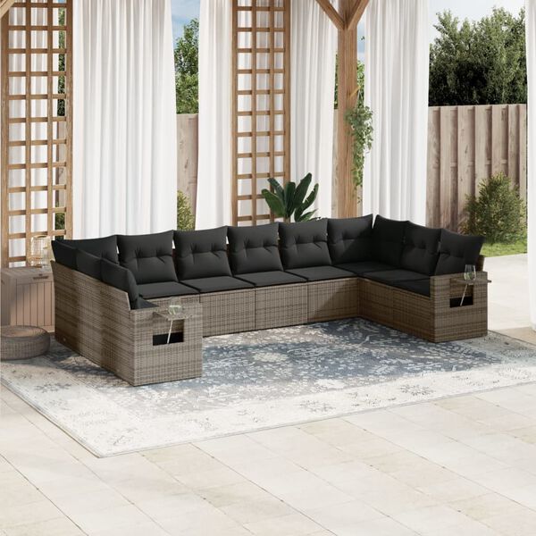 vidaXL 10 Piece Garden Sofa Set with Cushions Grey Poly Rattan
