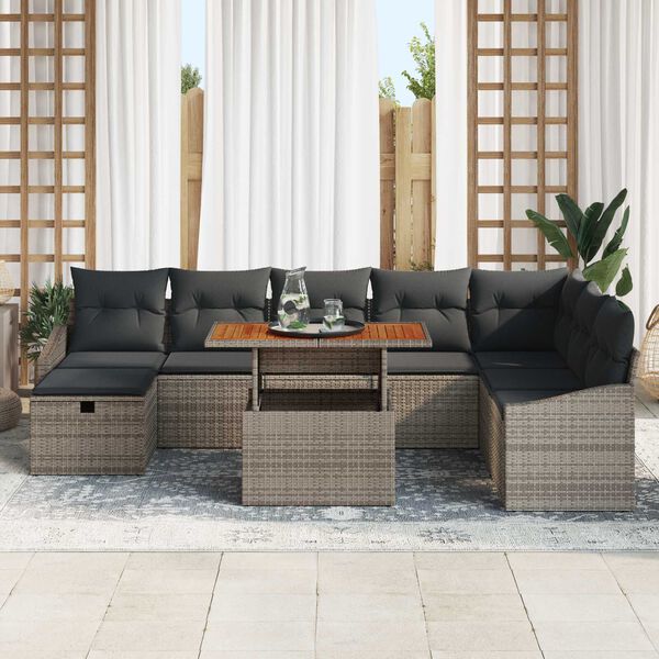 vidaXL Garden Sofa Set with Cushion 9 pcs Grey Poly Rattan