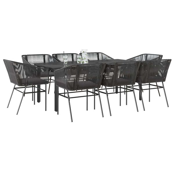 vidaXL 9 Piece Garden Dining Set with Cushions Black Poly Rattan Glass