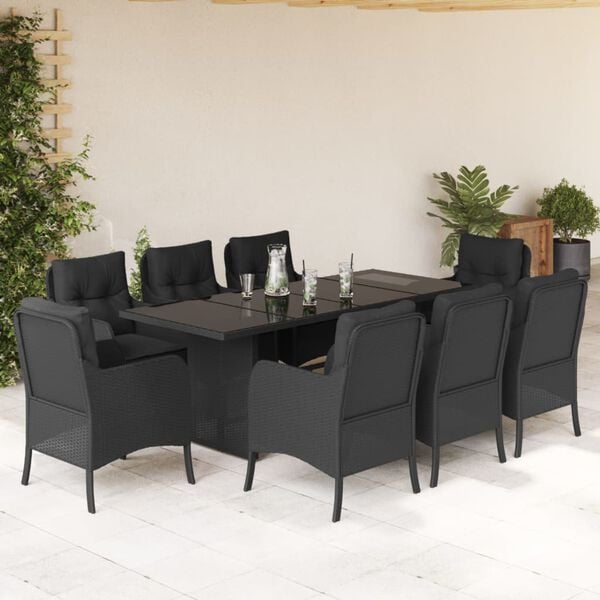 vidaXL 9 Piece Garden Dining Set with Cushions Black Poly Rattan