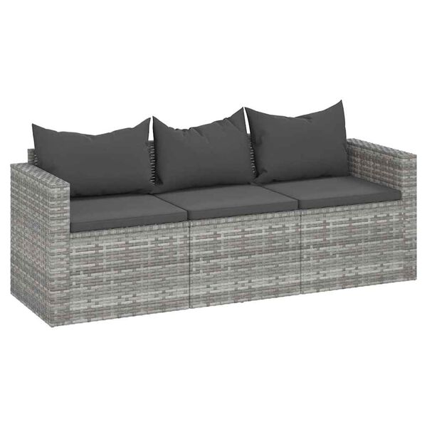 vidaXL 3-Seater Garden Sofa with Cushions Grey Poly Rattan