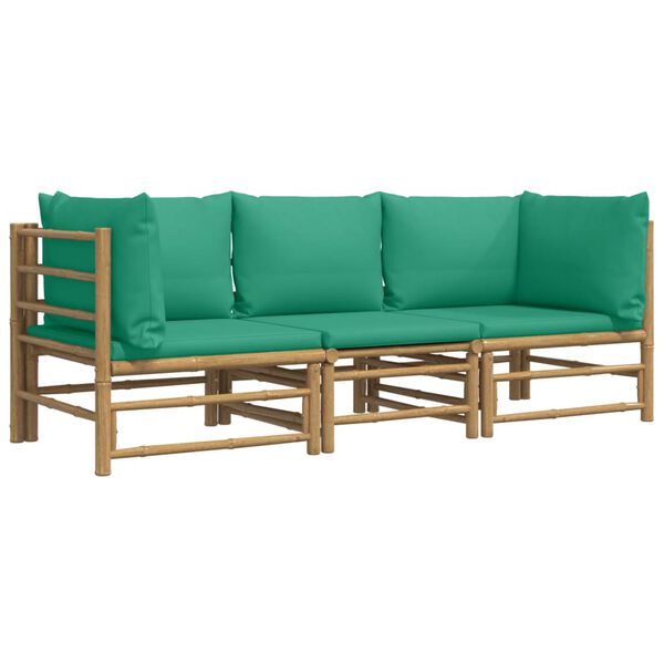 vidaXL 3 Piece Garden Lounge Set with Green Cushions Bamboo