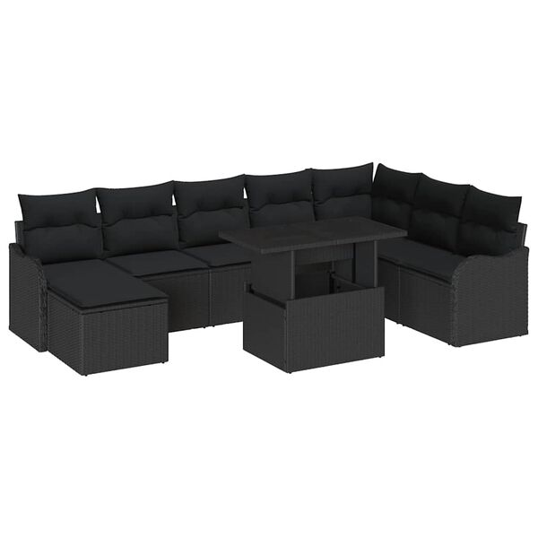 vidaXL Garden Sofa Set with Cushion 9 pcs Black Poly rattan