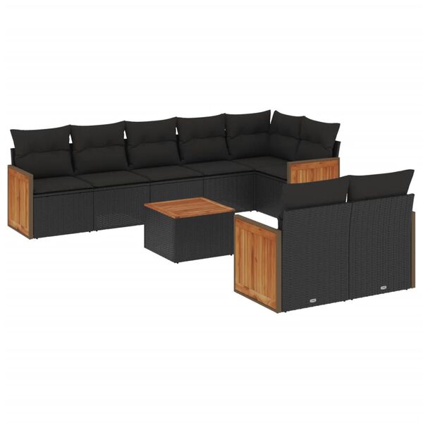 vidaXL 9 Piece Garden Sofa Set with Cushions Black Poly Rattan