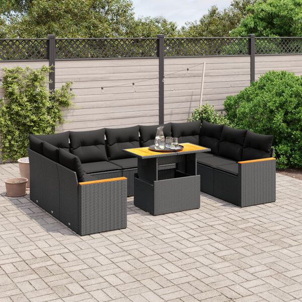 vidaXL 10 Piece Garden Sofa Set with Cushions Black Poly Rattan