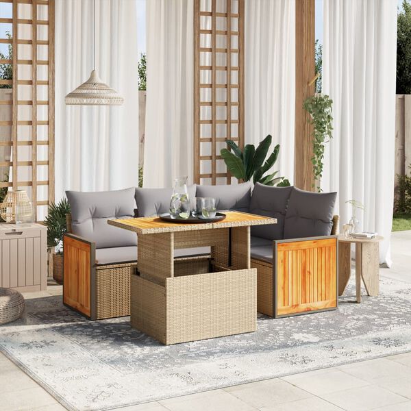 vidaXL 5 Piece Garden Sofa Set with Cushions Beige Poly Rattan