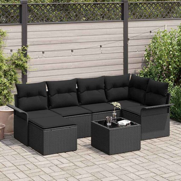 vidaXL Garden Sofa Set with Cushion 7 pcs Black Poly Rattan