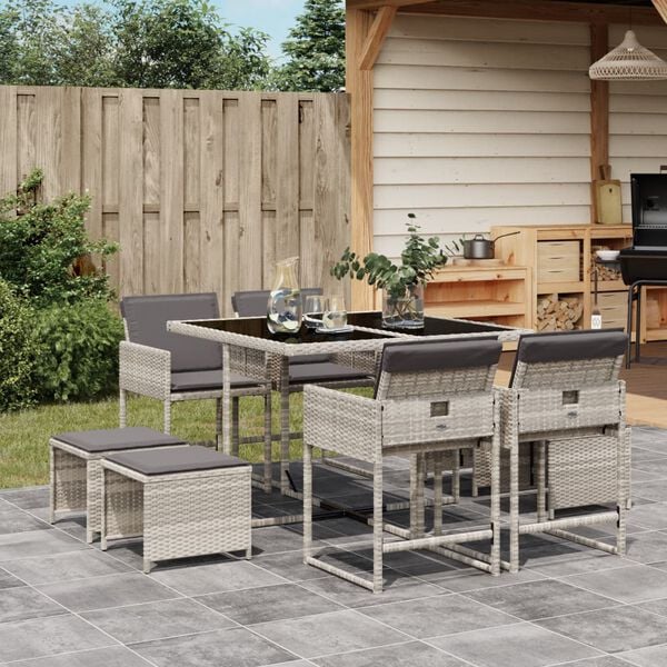 vidaXL 9 Piece Garden Dining Set with Cushions Light Grey Poly Rattan