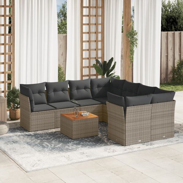vidaXL 9 Piece Garden Sofa Set with Cushions Grey Poly Rattan