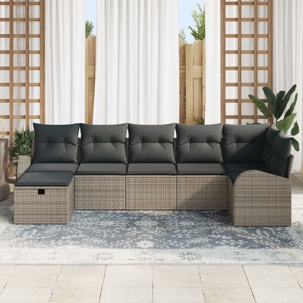 vidaXL Garden Sofa Set with Cushion 7 pcs Grey Poly Rattan