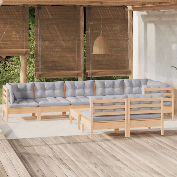 vidaXL 9 Piece Garden Lounge Set with Grey Cushions Solid Pinewood