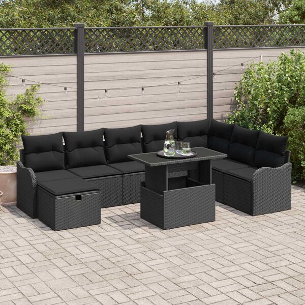 vidaXL Garden Sofa Set with Cushion 9 pcs Black Poly rattan
