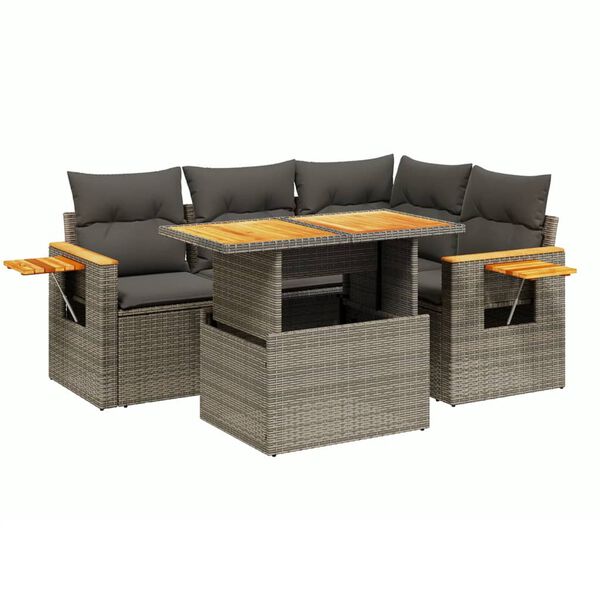 vidaXL 5 Piece Garden Sofa Set with Cushions Grey Poly Rattan