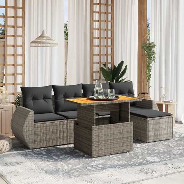vidaXL 6 Piece Garden Sofa Set with Cushions Grey Poly Rattan